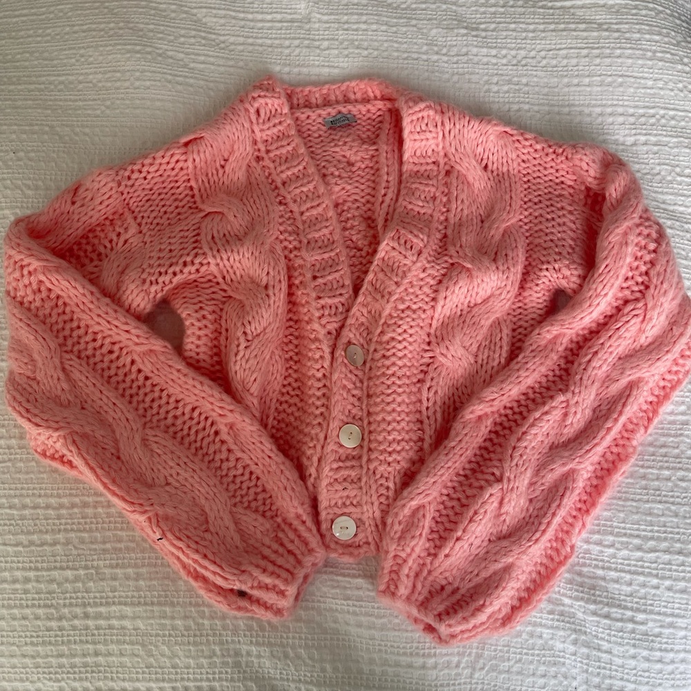 Beginning Boutique Coral Pink Chunky Cable Knit Cardigan